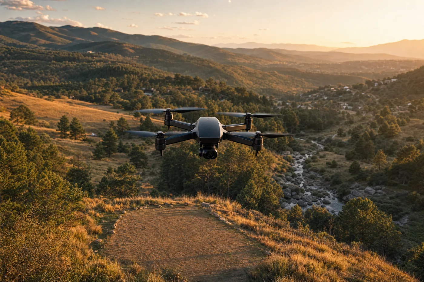Ilustración generada con IA: un drone cuadricóptero negro suspendido sobre un claro de despegue de tierra en una ladera serrana, con el valle y el arroyo al fondo.