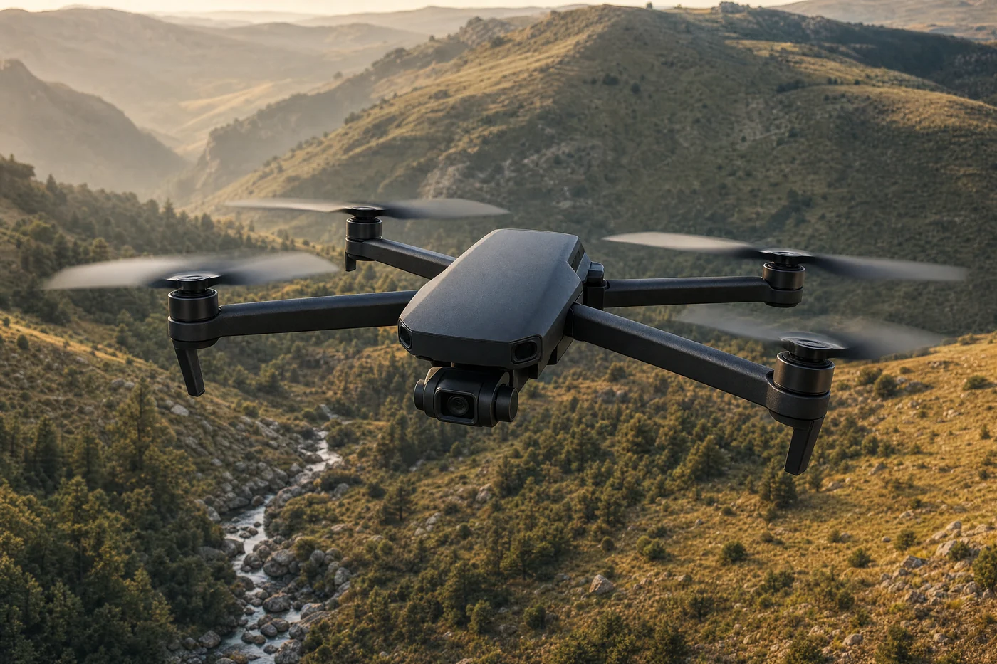 Ilustración generada con IA: primer plano de un drone cuadricóptero negro en vuelo, con las hélices en movimiento y una quebrada serrana desenfocada de fondo.