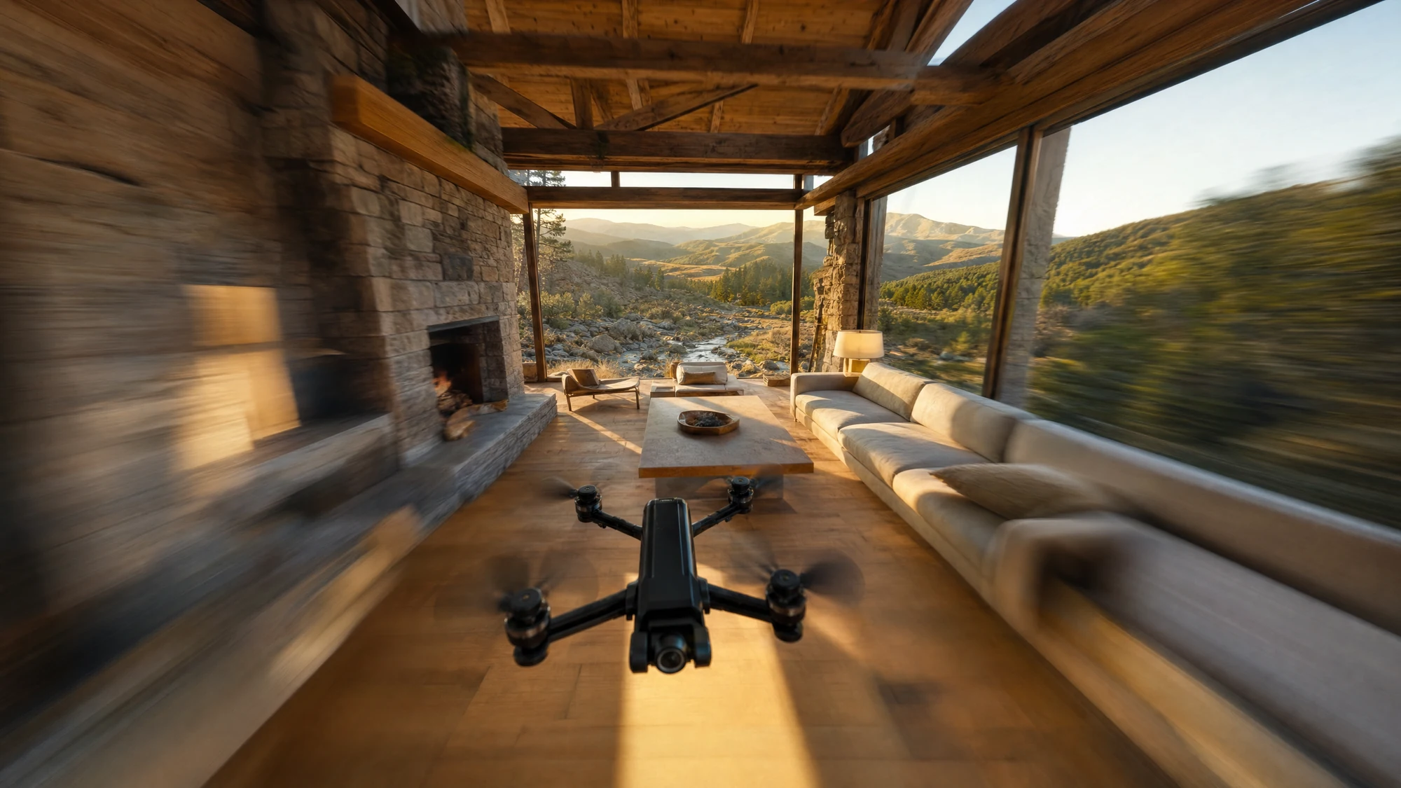 Ilustración generada con IA: toma FPV veloz a través de un living luminoso de una casa serrana de piedra y madera, con vigas a la vista, hogar de piedra y ventanales al valle; un drone FPV pequeño se ve en primer plano y los bordes tienen movimiento desenfocado.