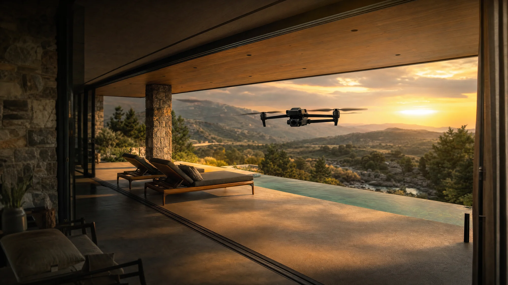 Ilustración generada con IA: un drone FPV pequeño sale desde el interior de una casa de piedra por un ventanal abierto hacia una galería con pileta y reposeras, con las sierras y un cielo de atardecer al fondo.