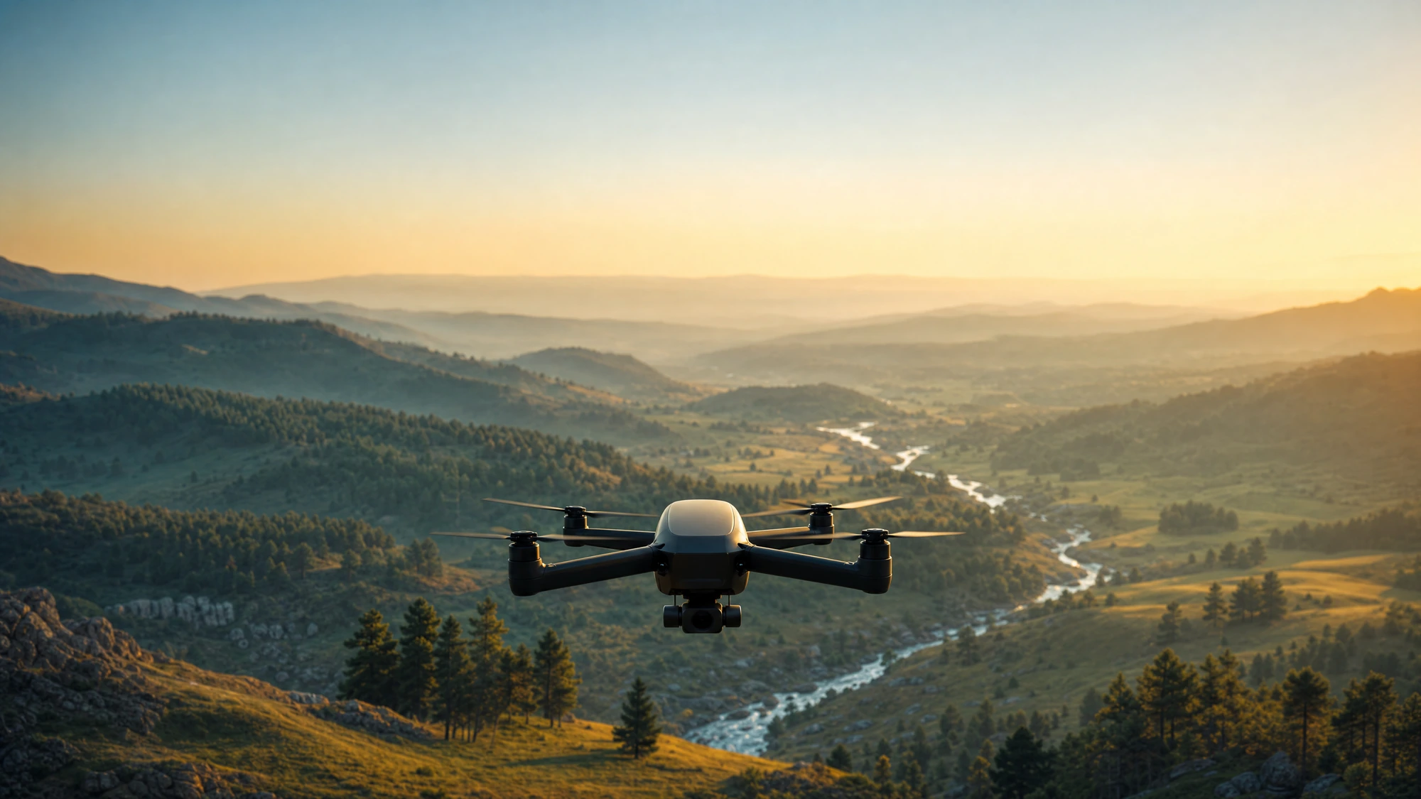 Ilustración generada con IA: un drone cuadricóptero negro en vuelo sobre un valle serrano al atardecer, con sierras en bruma, pinares y un arroyo que serpentea.