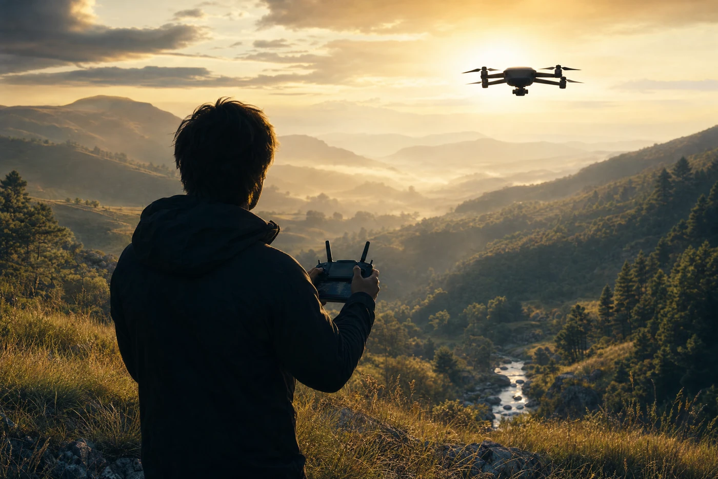 Ilustración generada con IA: un piloto visto de espaldas, a contraluz, con un control remoto en las manos, mira un drone que vuela sobre un valle serrano en bruma al atardecer.